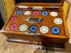 Antique Poker Chip Set with Inlayed Oak Caddy