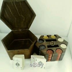 Antique Poker Chip Set with case CLAY CHIPS! TIGER OAK! HAND CRAFTED! SCARCE