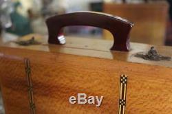 Antique Poker Chips Set in Tiger Maple Wood Box with Inlay & Red Bakelite Handle