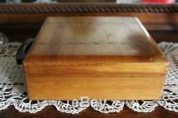 Antique Poker Chips Set in Tiger Maple Wood Box with Inlay & Red Bakelite Handle