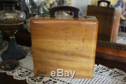 Antique Poker Chips Set in Tiger Maple Wood Box with Inlay & Red Bakelite Handle