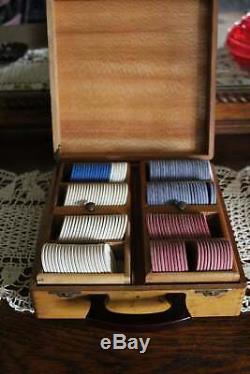 Antique Poker Chips Set in Tiger Maple Wood Box with Inlay & Red Bakelite Handle