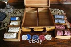 Antique Poker Chips Set in Tiger Maple Wood Box with Inlay & Red Bakelite Handle