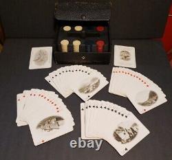 Antique Poker Set Clay Chips Leather Case with Alaska Souvenir Cards early 1900s