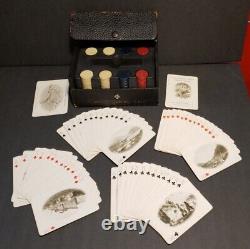 Antique Poker Set Clay Chips Leather Case with Alaska Souvenir Cards early 1900s