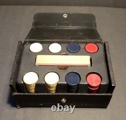 Antique Poker Set Clay Chips Leather Case with Alaska Souvenir Cards early 1900s