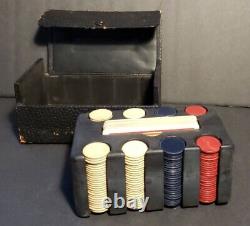 Antique Poker Set Clay Chips Leather Case with Alaska Souvenir Cards early 1900s