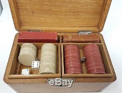 Antique Poker Set with Oak Box Clay Chips Linen Cards Pat 1906 -Sealed 11 12 Spots