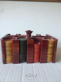 Antique Red Bakelite/Catalin Poker Chip Set and Bakelite caddy