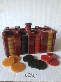 Antique Red Bakelite/Catalin Poker Chip Set and Bakelite caddy