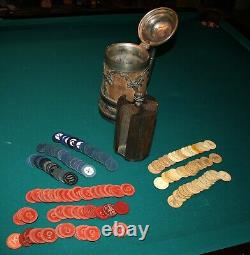 Antique St. Louis Silver Co. Oak Stein Silver Plated Stein & Poker Chip Set