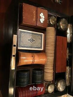 Antique Victorian rosewood/mahogany traveling casino poker gambling case derrin