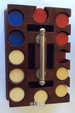 Antique Victorian wooden poker chip holder with clay chips old gaming set