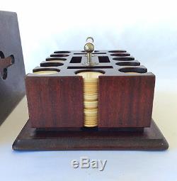 Antique Victorian wooden poker chip holder with clay chips old gaming set
