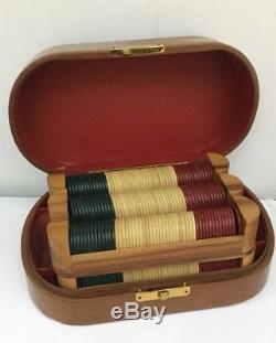 Antique Vintage 297 Clay Poker Chips Set With Caddy
