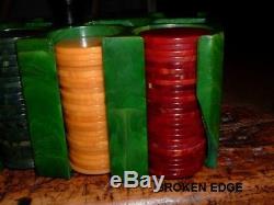 Antique Vintage Bakelite Catalin Poker Chip Set 208 Chips Green Caddy