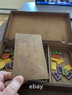 Antique Vintage Bone Gaming Poker Chip Set in Wood Box