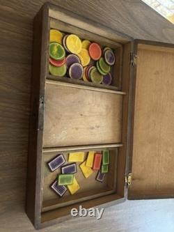 Antique Vintage Bone Gaming Poker Chip Set in Wood Box