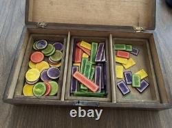 Antique Vintage Bone Gaming Poker Chip Set in Wood Box