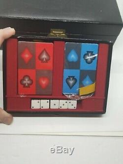 Antique Vintage Card Dice Poker Chip Set Leather Case With Key Gambling Box Rare