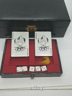 Antique Vintage Card Dice Poker Chip Set Leather Case With Key Gambling Box Rare