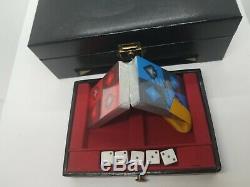 Antique Vintage Card Dice Poker Chip Set Leather Case With Key Gambling Box Rare