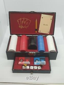 Antique Vintage Card Dice Poker Chip Set Leather Case With Key Gambling Box Rare