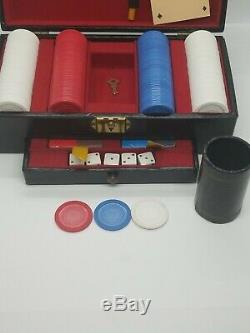 Antique Vintage Card Dice Poker Chip Set Leather Case With Key Gambling Box Rare