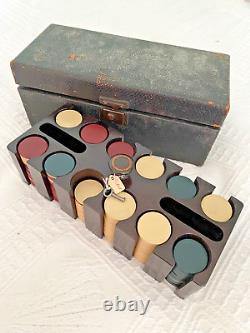 Antique Vintage Clay Bakelite Poker Chip Set Original Locked Case with Key