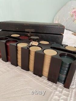 Antique Vintage Clay Bakelite Poker Chip Set Original Locked Case with Key