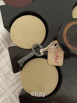 Antique Vintage Clay Bakelite Poker Chip Set Original Locked Case with Key