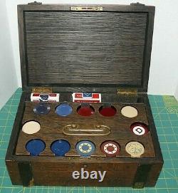 Antique Vintage Clay Poker Chip Set In Original Oak Wooden Box Brass Handle