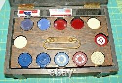 Antique Vintage Clay Poker Chip Set In Original Oak Wooden Box Brass Handle