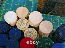 Antique Vintage Clay Poker Chip Set In Original Oak Wooden Box Brass Handle