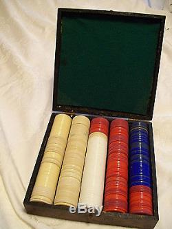Antique Vintage Poker Chips Set With Lined Wooden Caddy Case Box Excellent Condi