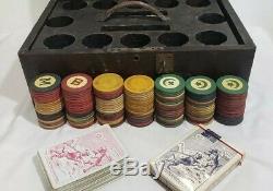 Antique Vtg Poker Set 131 Clay Chips Cards Caddy Oak Wood Box Gambling Casino