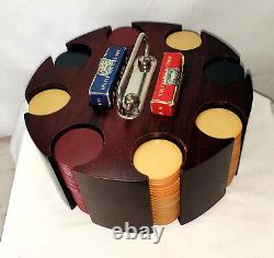 Antique Vtg Poker Set With 197 Clay Chips & 2 Decks of Cards in Wood Caddy 1932