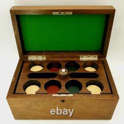 Antique Wood Box Case Card Poker Chip Set