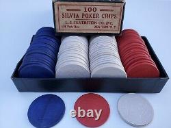 Antique Wood Embossed Silvia Poker Chip Set LS Silverstein Co NY Rare Set/Brand