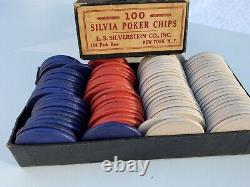 Antique Wood Embossed Silvia Poker Chip Set LS Silverstein Co NY Rare Set/Brand