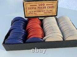 Antique Wood Embossed Silvia Poker Chip Set LS Silverstein Co NY Rare Set/Brand