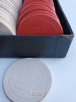 Antique Wood Embossed Silvia Poker Chip Set LS Silverstein Co NY Rare Set/Brand