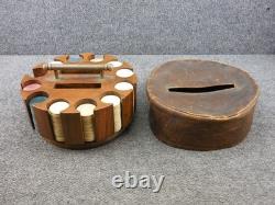 Antique Wood Turnstyle Holder with Leather Cover Clay Poker Chip Set 260+ Chips