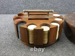 Antique Wood Turnstyle Holder with Leather Cover Clay Poker Chip Set 260+ Chips