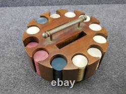 Antique Wood Turnstyle Holder with Leather Cover Clay Poker Chip Set 260+ Chips