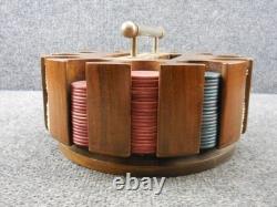 Antique Wood Turnstyle Holder with Leather Cover Clay Poker Chip Set 260+ Chips