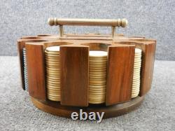 Antique Wood Turnstyle Holder with Leather Cover Clay Poker Chip Set 260+ Chips