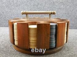 Antique Wood Turnstyle Holder with Leather Cover Clay Poker Chip Set 260+ Chips