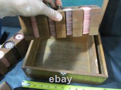 Antique clay poker chip set with wood case & racks & 360ish chips