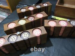 Antique clay poker chip set with wood case & racks & 360ish chips